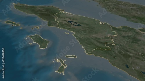 Sumatera Utara, province with its capital, zoomed and extruded on the satellite map of Indonesia in the conformal Stereographic projection. Animation 3D photo