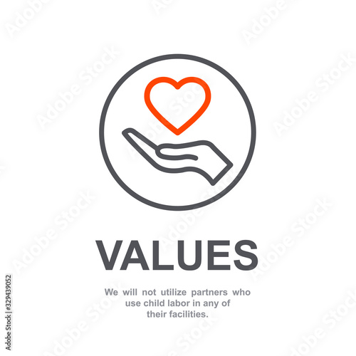 Core values of company icon with simple text. Web page for employee template design vector element. Modern flat design. Abstract flat icon. Heart in hand business concept of company care illustration