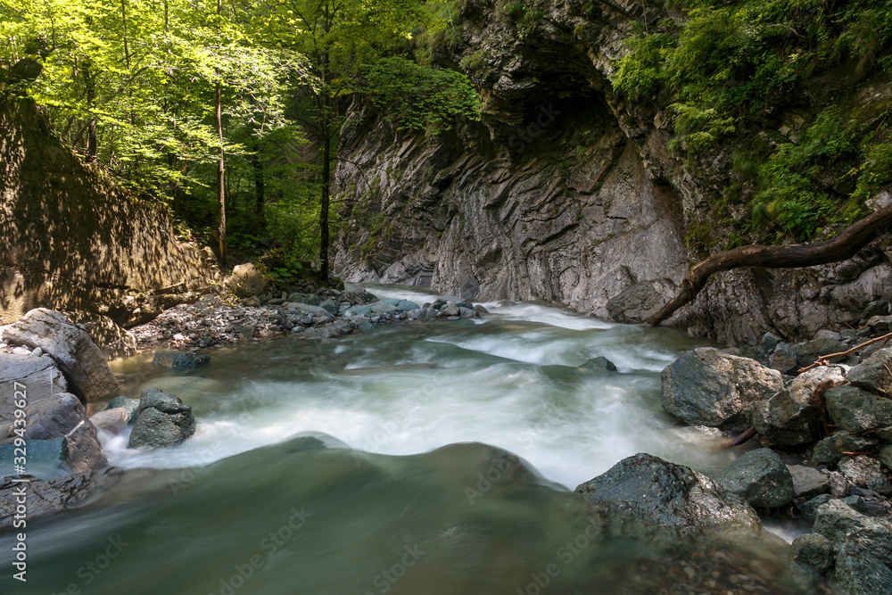 Fototapeta premium Mountain forest stream with fast flowing water and rocks, long exposure.