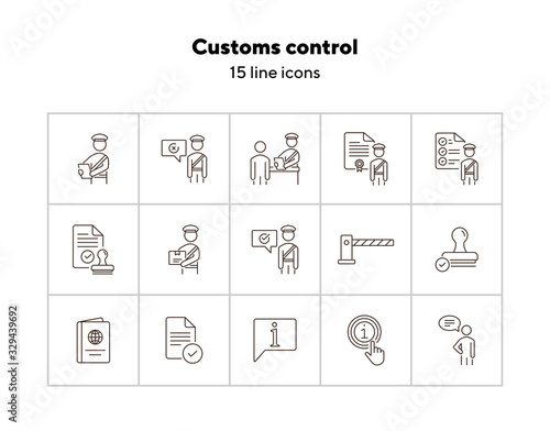 Customs control icons. Set of line icons. Faqs, passport, customs check, customs inspection. Immigration concept. Vector illustration can be used for topics like security, travel, airport