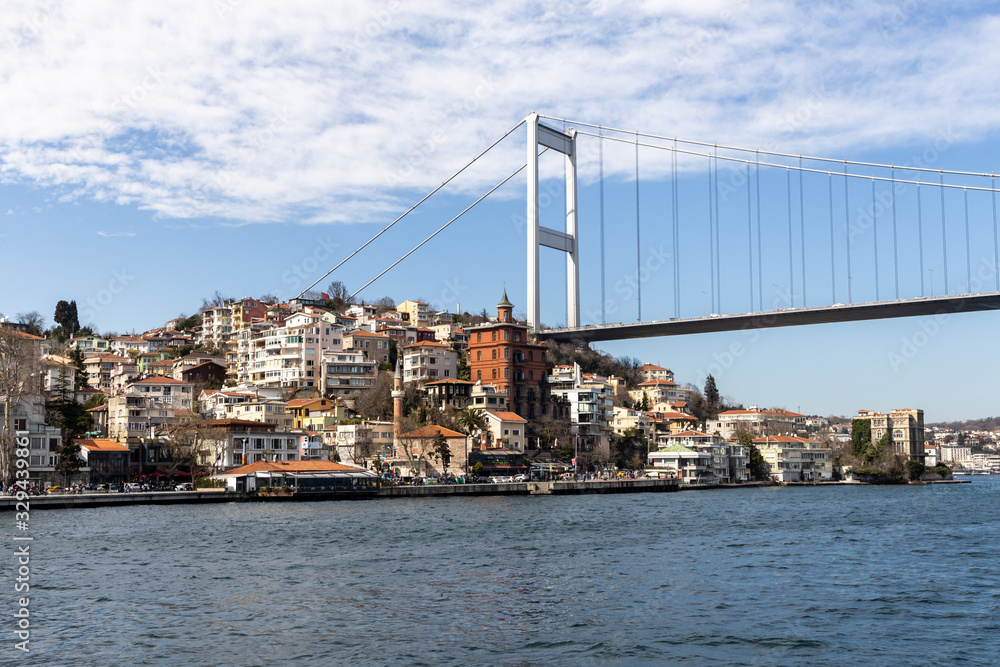 View on the 15 July Martyrs Bridge that crosses the Bosphorus, which connects Europe to Asia.