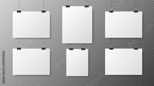 Big set blank white poster template on transparent with gradient background. Affiche, paper sheet hanging on a clip. Realistic objects on image. Vector