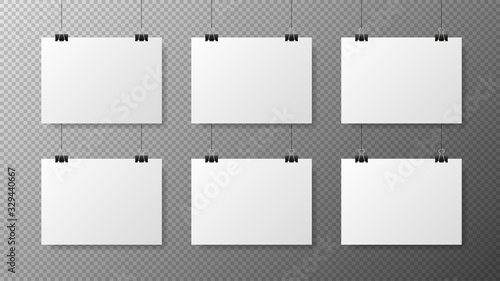 Big set blank white gorizontal poster template on transparent with gradient background. Affiche, paper sheet hanging on a clip. Realistic objects on image. Vector