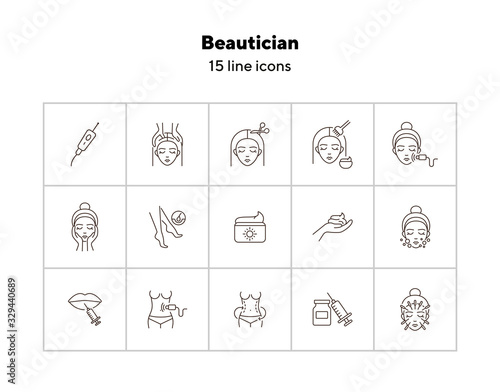 Beautician line icon set. Female face, body weight, hair cutting. Beauty care concept. Can be used for topics like beauty salon, cosmetology, rejuvenation