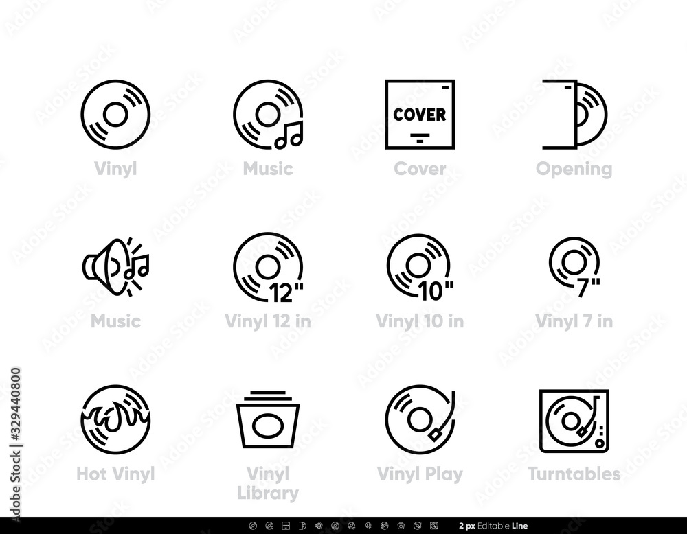 Vinyl Music icons. Different Plate Sizes, LP, Hot, Artist Library, Covers and Turntables set. Editable line vector pictograms Vinyl Music icons. Different Plate Sizes, LP, Hot, Artist Library, Covers and Turntables set. Editable line vector pictograms