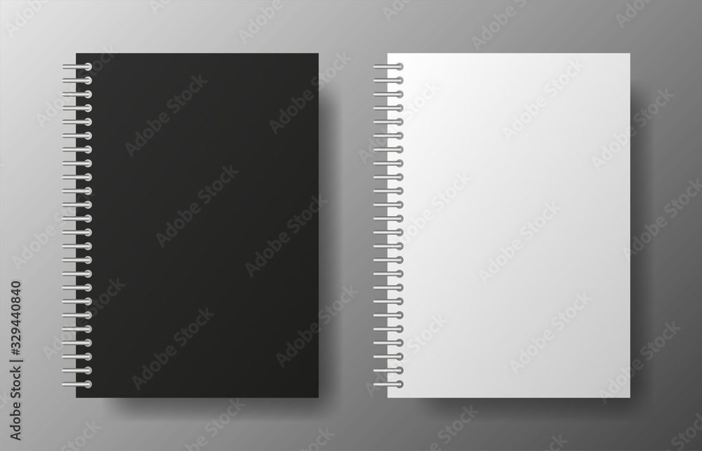 Realistic blank black and white copybook of spiral on gray background. Notebook Vector Realistic blank black and white copybook of spiral on gray background. Notebook Vector