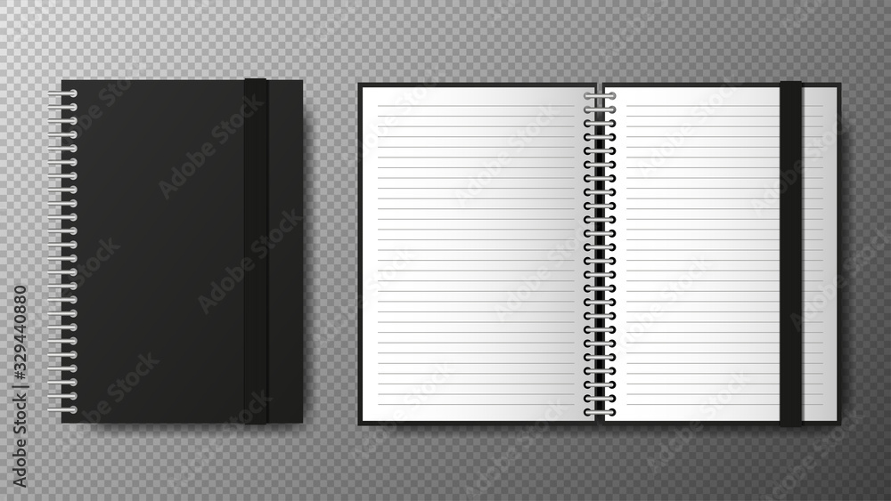 Realistic blank black open and closed of spiral copybook template with elastic band and bookmark on transparent background. Notebook Vector
