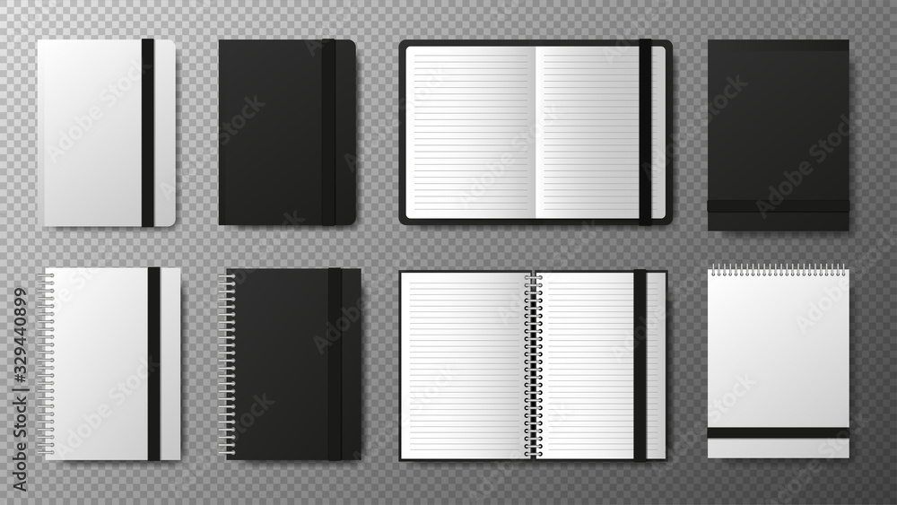 Big collection realistic blank black open and closed copybook template with elastic band and bookmark on transparent background. Gorizontal and vertical objects. Notebook Vector