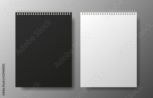 Realistic blank black and white copybook on gray background. Notebook Vector