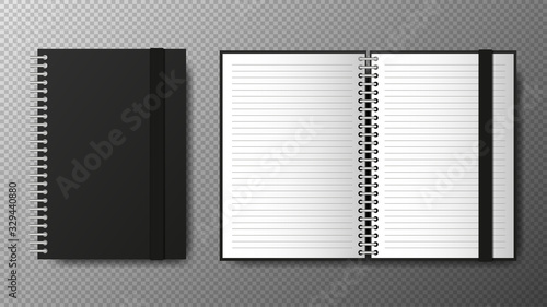 Realistic blank black open and closed of spiral copybook template with elastic band and bookmark on transparent background. Notebook Vector