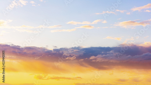 Beautiful sky at sunset with clouds, copy space, 16:9