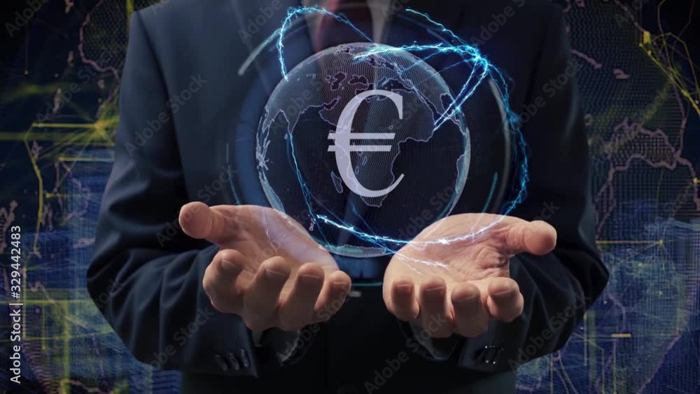 Male hands activate a conceptual holographic text Sign EUR. Businessman in a suit with a hologram of planet Earth on a background of a futuristic wireframe city Male hands activate a conceptual holographic text Sign EUR. Businessman in a suit with a hologram of planet Earth on a background of a futuristic wireframe city