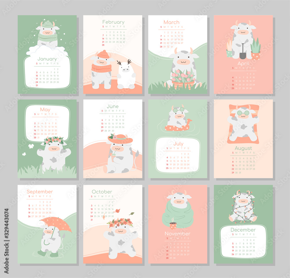calendar or planner 2021 kawaii cartoon ox, bull or cow, symbol of new year, cute characters. Cover and 12 monthly pages. Week starts on Monday, vector