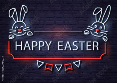 Happy Easter, neon greeting card with bunnies. Dark retro brick wall background. White and red colors. Vector illustration