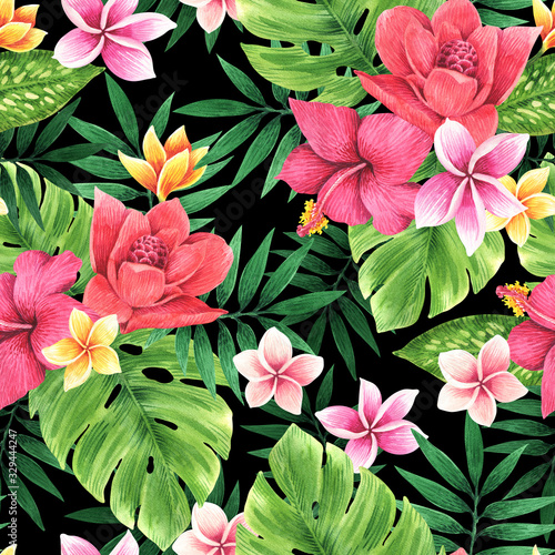 Seamless floral pattern of tropical flowers and leaves. Botanical wallpaper illustration in Hawaiian style	