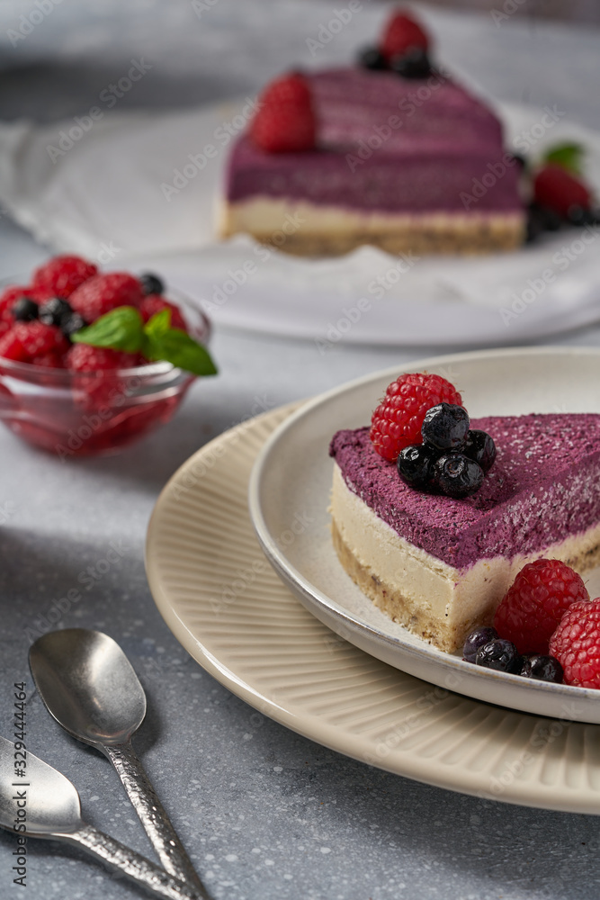 raw vegan double-layer cake with black currant on a light gray background under a concrete texture. Healthy eating, delicious dessert without baking raw vegan double-layer cake with black currant on a light gray background under a concrete texture. Healthy eating, delicious dessert without baking