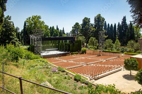 Empty summer theater concert auditorium hall without people at Generalife Gardens, Alhambra, Granada, Spain photo
