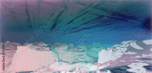 abstract three-dimensional composition: ice surface over stone blocks and debris blue colors, 3d rendering