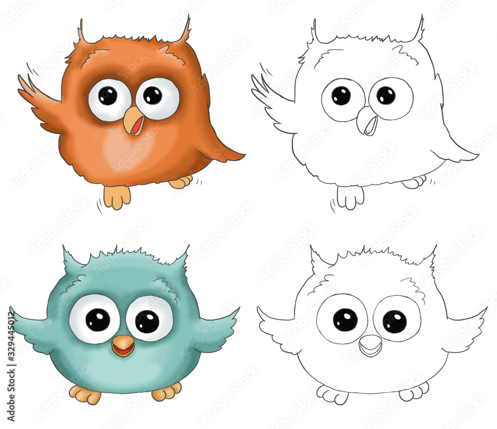 Illustration funny cartoon orange jumping owl and blue turquoise happy owl isolated on white background with contour for children coloring book with colored example