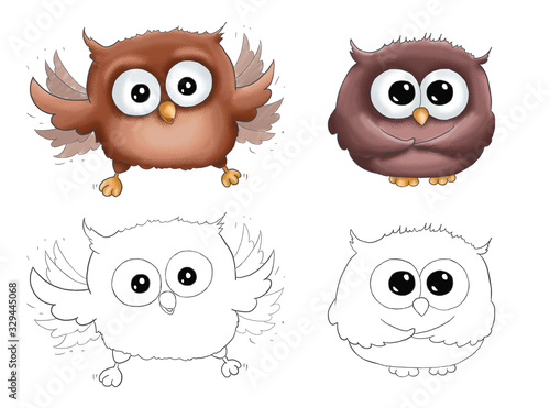 Wallpaper Mural Illustration funny cartoon flying cute happy owl brown isolated on white background with contour for children coloring book with colored example Torontodigital.ca
