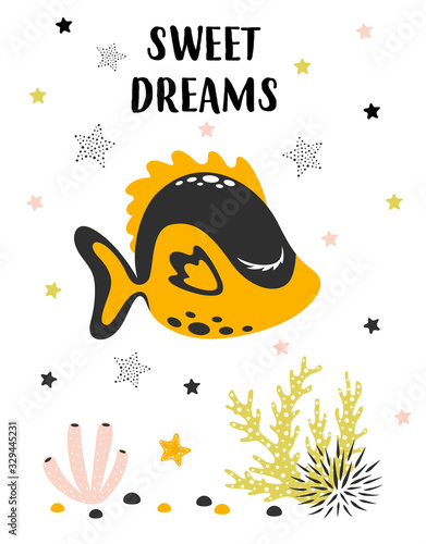 card with cute fish isolated on white, sweet dreams