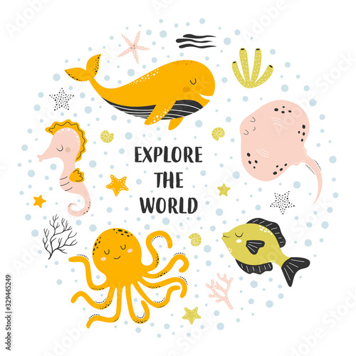cute card with sea animals on white, explore the world