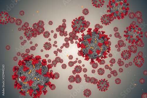 3D rendering, coronavirus cells covid-19 influenza flowing on grey gradient background as dangerous flu strain cases as a pandemic medical health risk concept of disease cells risk photo