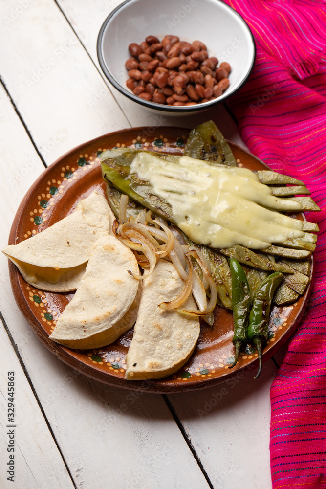 Mexican grilled nopal cactus with quesadillas and serrano chili peppers on white background