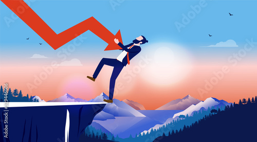 Financial loss - man pushed by downward arrow on cliff. Business bankruptcy, failure, recession and crisis concept. Vector illustration. © Knut