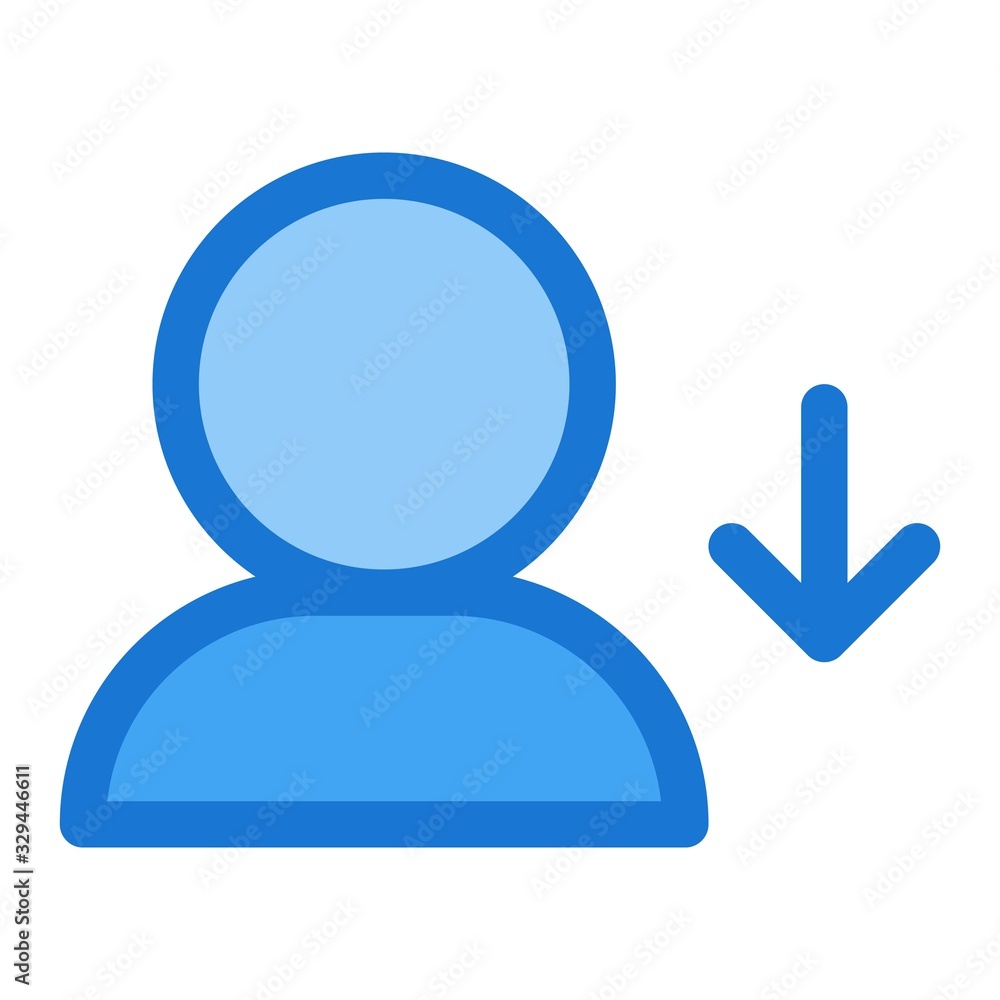 User with down arrow icon in flat style. Social media account, profile sign illustration for perfect web and mobile app designs. User with down arrow icon in flat style. Social media account, profile sign illustration for perfect web and mobile app designs.