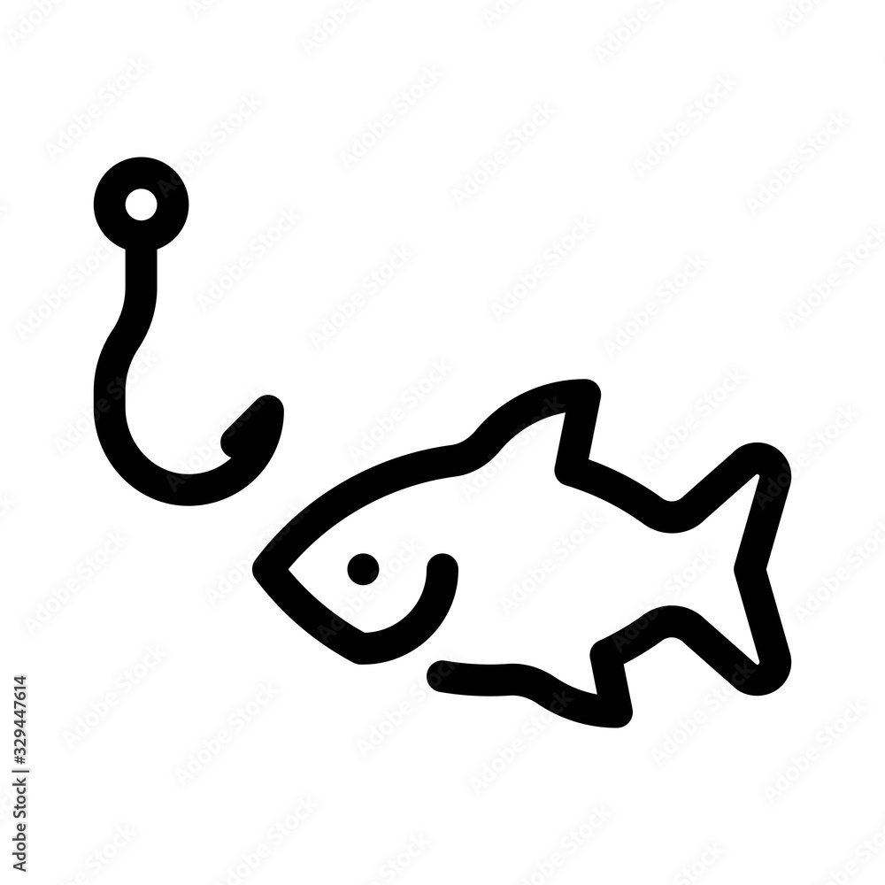 Fototapeta premium Fishing icon in line style. Hook and fish symbol illustration. Catching with bait, hunting, fish trap sign.