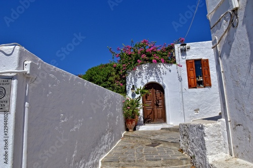 landscape from the historic city of lindos on the greek island of rhodes with white old tenement houses photo