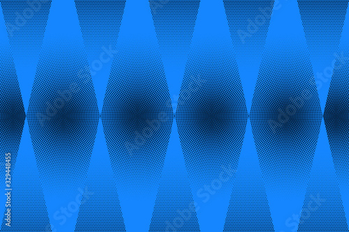 Bright blue retro comic background with triangle and rhombus dotted halftone shapes. Cartoon turquoise background with geometric shapes and half tone pattern for comics book, advertising poster design