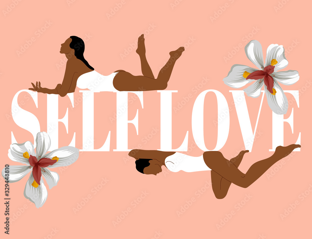 Self love. Vector hand drawn illustration of lying woman in swimsuit with flowers. Template for card, poster, banner, print for t-shirt, pin, badge, patch. Self love. Vector hand drawn illustration of lying woman in swimsuit with flowers. Template for card, poster, banner, print for t-shirt, pin, badge, patch.