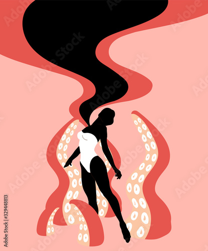 Vector  hand drawn illustration of woman in swimsuit with tentacles.  Creative surrealistic artwork.  Template for card  poster  banner  print for t-shirt  pin  badge  patch.