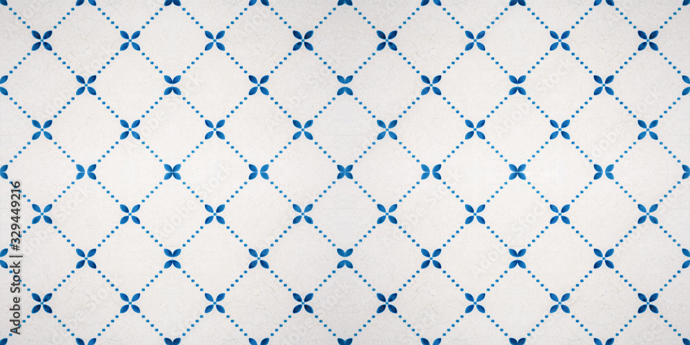 Fototapeta premium Blue white vintage retro geometric square flower motif tiles texture background
