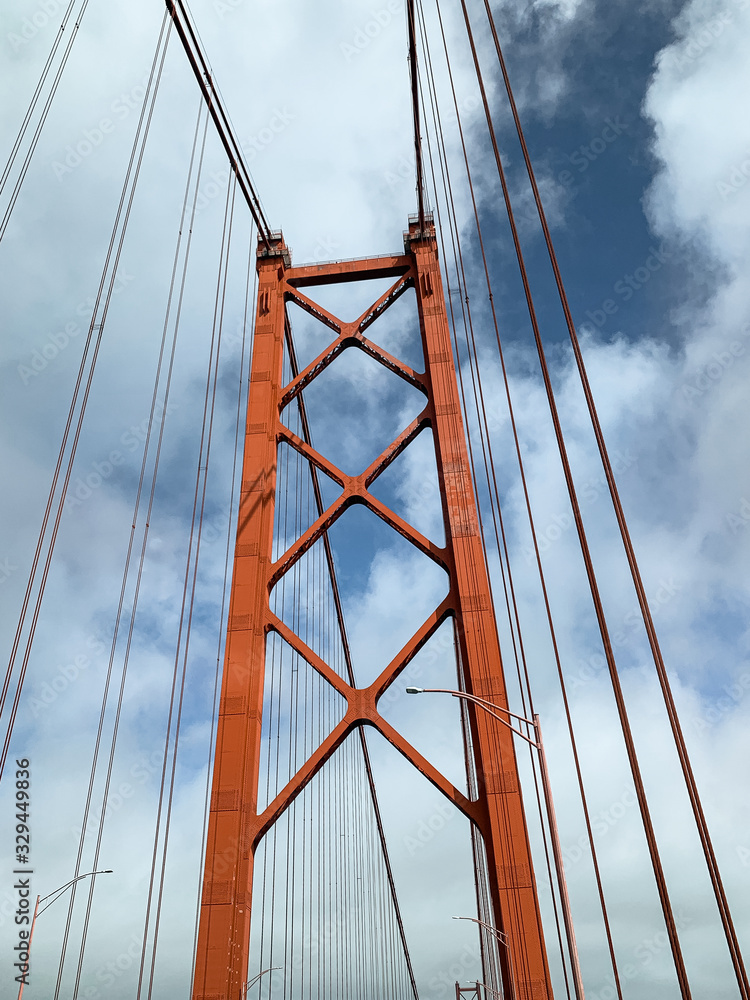 Suspension bridge Ponte 25 de Abril with Lisbon behind the bridge. Cross the Tagus river from Lisbon to Almada. Suspension bridge Ponte 25 de Abril with Lisbon behind the bridge. Cross the Tagus river from Lisbon to Almada.