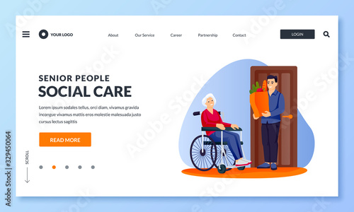 Volunteer social worker delivers food to elderly woman on wheelchair. Vector illustration. Taking care of seniors