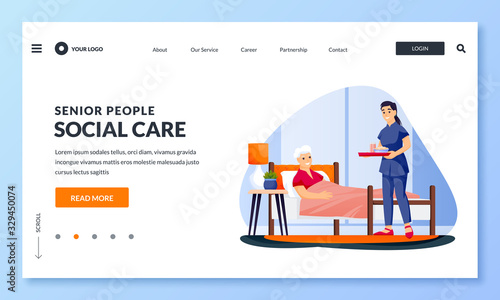 Nurse or volunteer social worker serving meal to disabled elderly woman. Vector illustration. Taking care of seniors