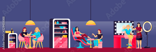 Girls do manicure, pedicure, makeup in beauty salon in beauty salon. Vector illustration. Female fashion beauty concept