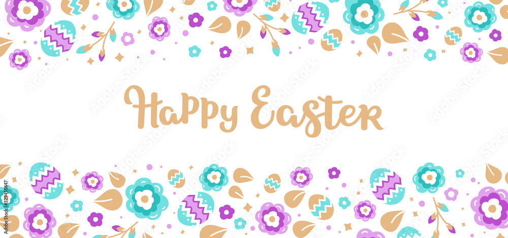 Happy Easter background with branches, flowers and Easter eggs. Vector illustration in modern style Happy Easter background with branches, flowers and Easter eggs. Vector illustration in modern style