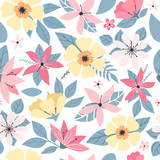 Modern doodle floral seamless pattern. Spring simple flowers with leaves. Colorful flowers pattern on white. flat simple retro vintage colorful vector. Seamless pattern vector eps10