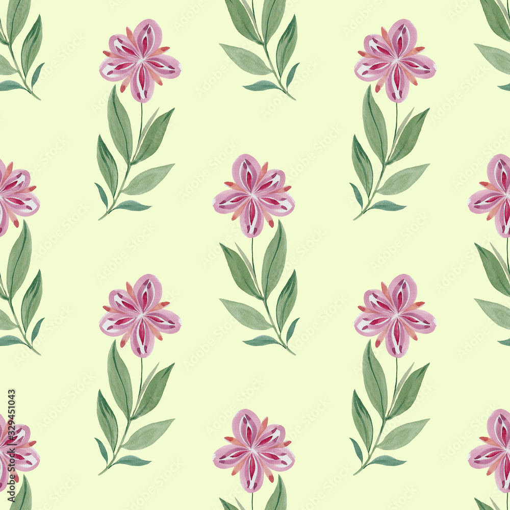 Flowers and leaves seamless pattern on a green background.Watercolor flowers for print and design.Seamless botanical pattern. Flowers and leaves seamless pattern on a green background.Watercolor flowers for print and design.Seamless botanical pattern.
