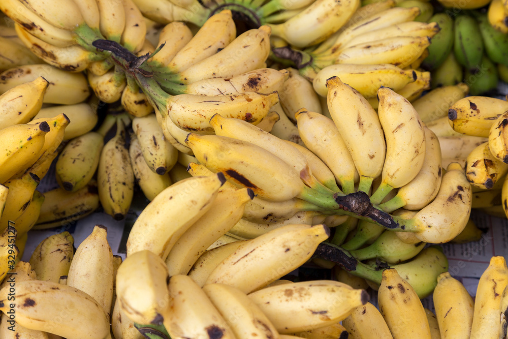Bunches of fresh, sweet, small, yellow bananas in a market with brown marks on them