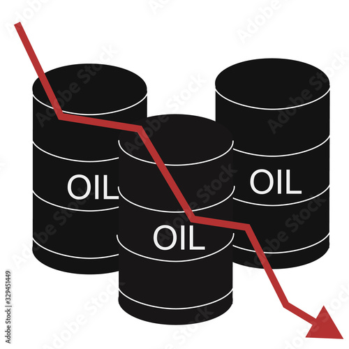 Barrels of oil with red falling arrow of the economic chart. Financial world crisis and global oil trade concept. Down of oil price, market decline, economy is in shock. Vector illustration.