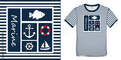 Print on t-shirt graphics design sailor stripes, nautical icons collections anchor, fish carp, sailing boat, rudder, lifebuoy, isolated on white background vector