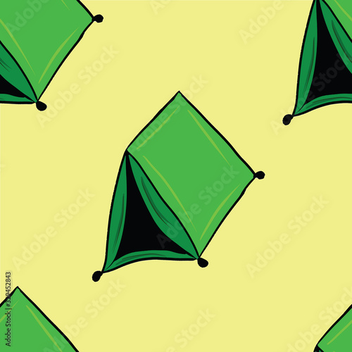 Seamless pattern with camping green tent on yellow background. Simple vector illustration in cartoon style