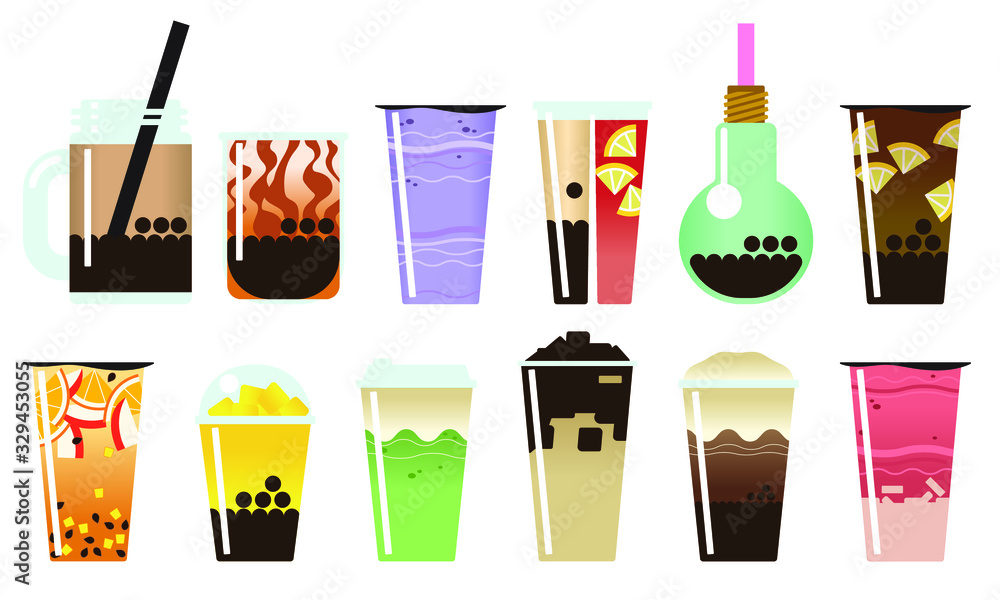 Boba drinks pearl milk tea, black sugar boba, taro slush, split cup