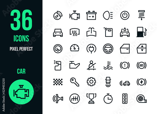 Car with basic automotive symbols, minimal icon set.