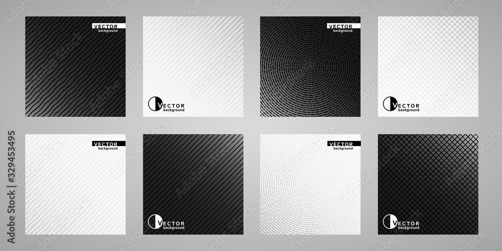 Set, collection of flat minimal black and white gradient backgrounds with geometric patterns. Dynamic diagonal stripes, wavy streaks, plaid texture. Square cover, poster design, business template.